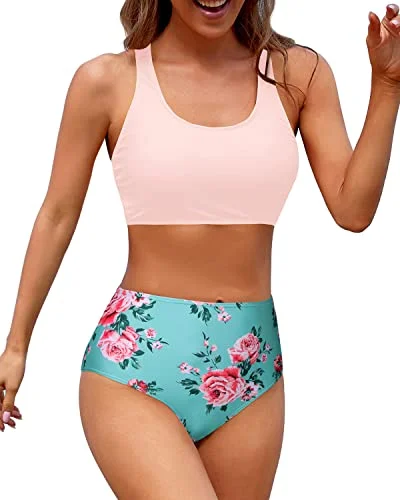 Maternity bikini for expecting mothers to enjoy the beach comfortablyFlattering High Waisted Two Piece Bikini Sports Crop Top Swimsuit-Green And Pink Floral Maternity bikini for expecting mothers to enjoy the beach comfortablyFlattering High Waisted Two Piece Bikini Sports Crop Top Swimsuit-Green And Pink Floral