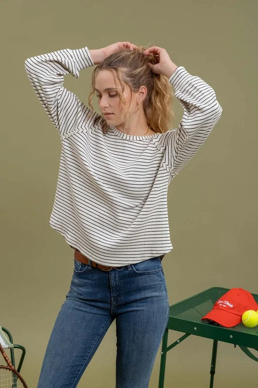 Pocket - Equipped Women Long Sleeve Top for Added FunctionalityALTHEA STRIPED RAGLAN SLEEVE KNIT TOP Pocket - Equipped Women Long Sleeve Top for Added FunctionalityALTHEA STRIPED RAGLAN SLEEVE KNIT TOP