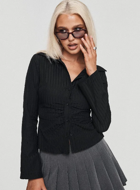 Cropped Women Long Sleeve Top to Pair with High - Waisted BottomsAmbrose Shirt Black Stripe Cropped Women Long Sleeve Top to Pair with High - Waisted BottomsAmbrose Shirt Black Stripe