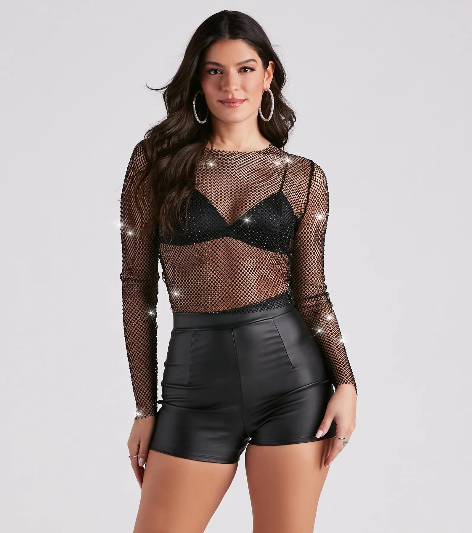 Organic Cotton Women Long Sleeve Top for Eco - Friendly ComfortEdgy Glam Girl Rhinestone Fishnet Top Organic Cotton Women Long Sleeve Top for Eco - Friendly ComfortEdgy Glam Girl Rhinestone Fishnet Top