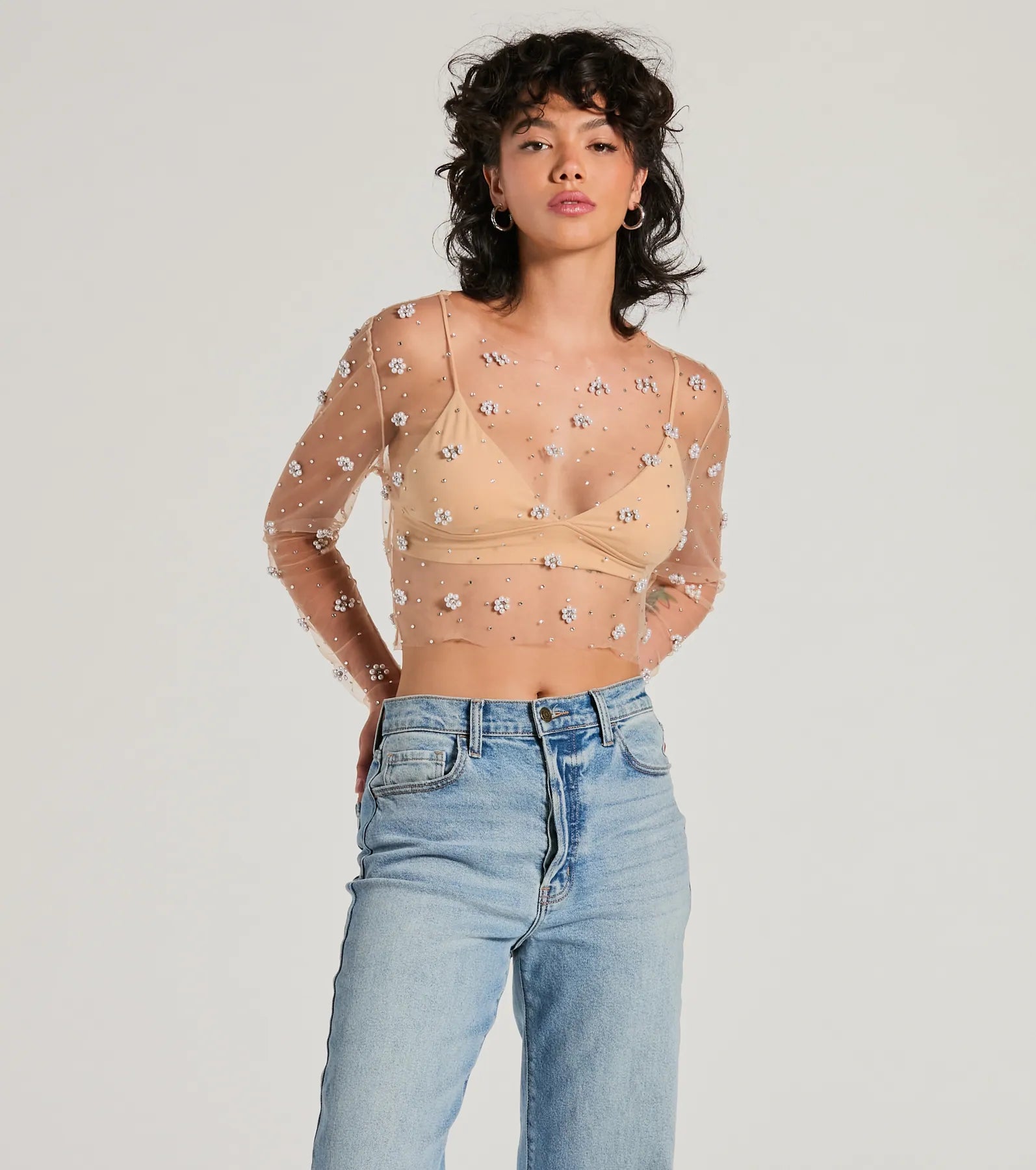 Printed Graphic Women Long Sleeve Top with a Bold StatementFlirty Floral Rhinestone Pearl Sheer Mesh Crop Top Printed Graphic Women Long Sleeve Top with a Bold StatementFlirty Floral Rhinestone Pearl Sheer Mesh Crop Top