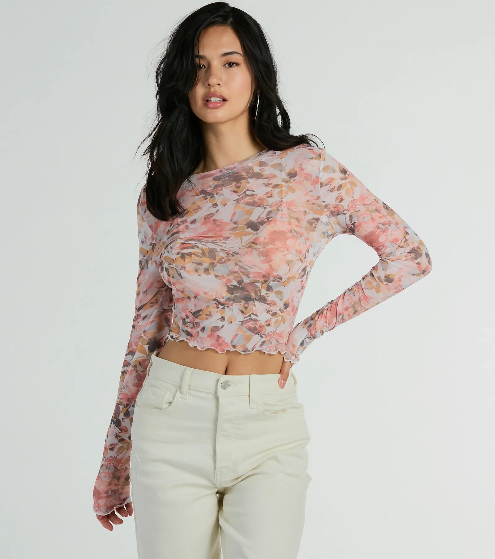 Floral Printed Women Long Sleeve Top for a Romantic LookWild Flowers Long Sleeve Floral Mesh Crop Top Floral Printed Women Long Sleeve Top for a Romantic LookWild Flowers Long Sleeve Floral Mesh Crop Top