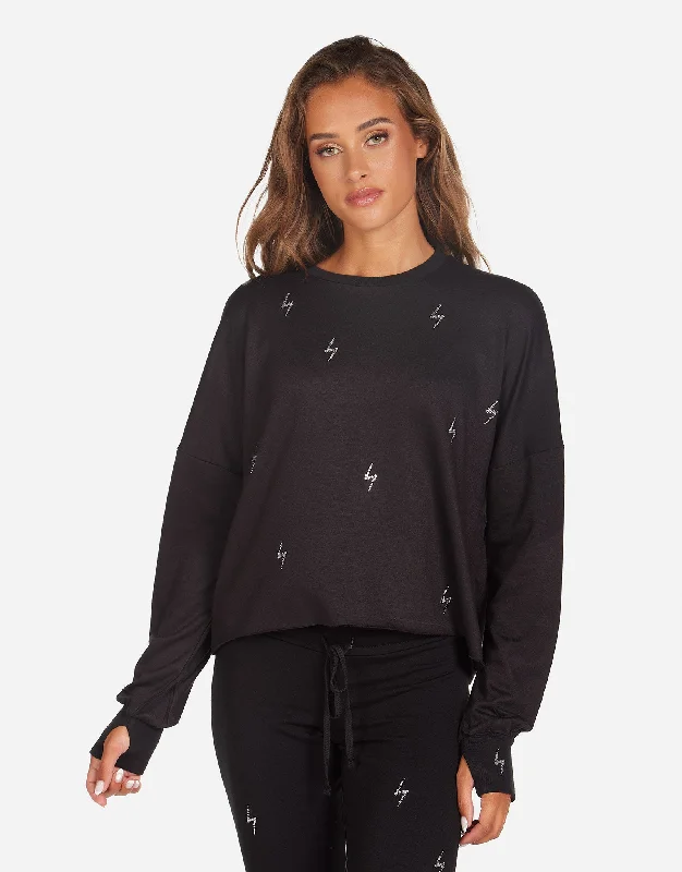 Lace - Trimmed Women Long Sleeve Top for an Elegant LookLucio Pullover w/ Electric Bolt Crystals Lace - Trimmed Women Long Sleeve Top for an Elegant LookLucio Pullover w/ Electric Bolt Crystals