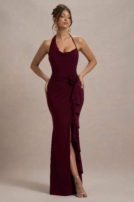 Silk wedding dresses with a smooth and luxurious feel Wedding guest dresses with cut - out details and midi lengths Lucena | Burgundy Cowl-Neck Wrap Maxi Dress With Floral Drape Silk wedding dresses with a smooth and luxurious feel Wedding guest dresses with cut - out details and midi lengths Lucena | Burgundy Cowl-Neck Wrap Maxi Dress With Floral Drape