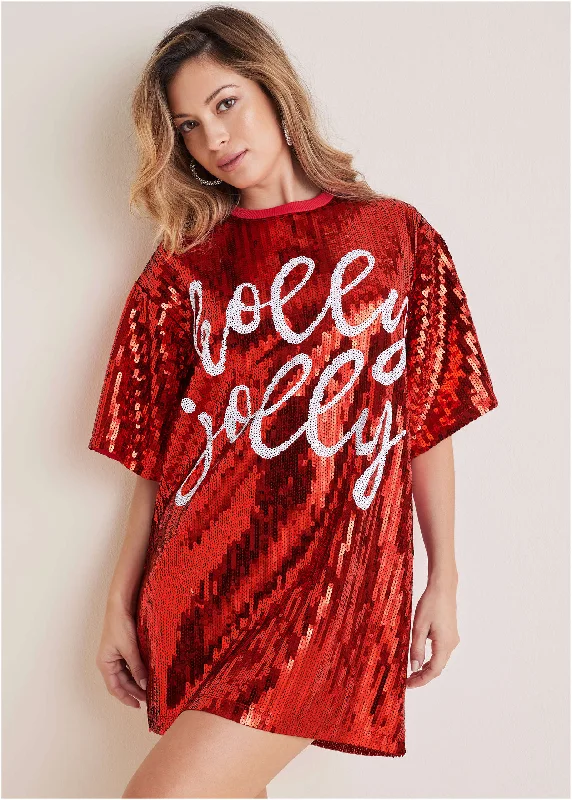 Denim mini dresses with distressed details Sequin T-Shirt Dress - Red & White