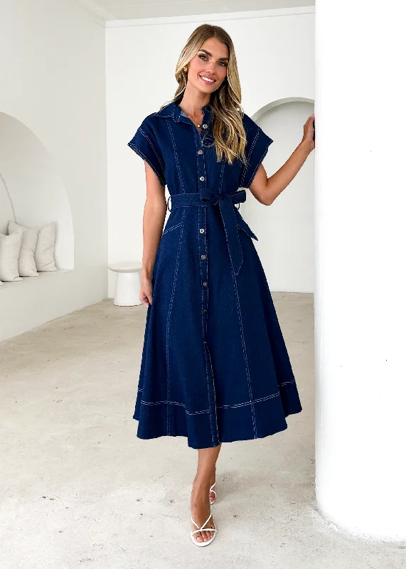 Midi dresses with printed lining for a hidden and stylish detail Anam Stretch Denim Midi Dress - Indigo Midi dresses with printed lining for a hidden and stylish detail Anam Stretch Denim Midi Dress - Indigo