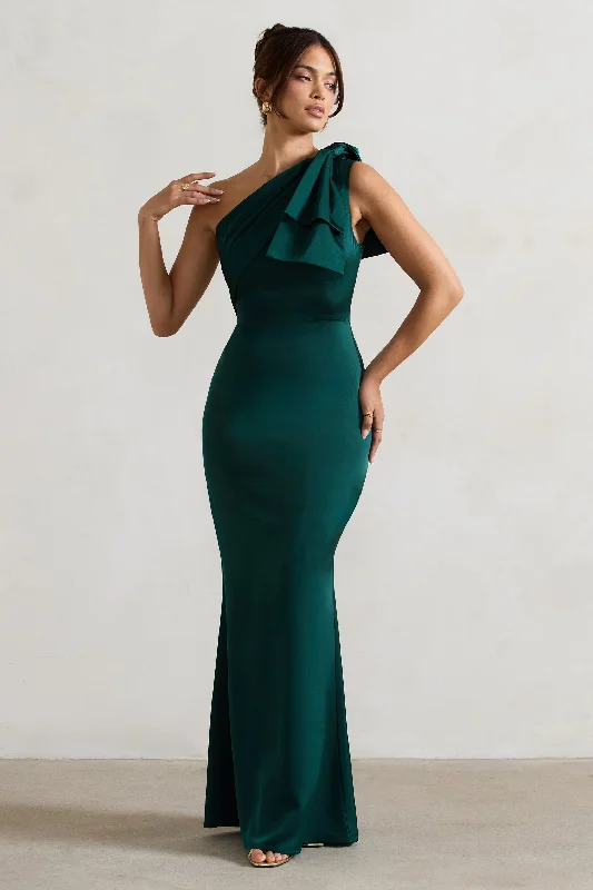 Wedding dresses with a lace - trimmed veil attachment Asymmetric - hem wedding guest dresses in metallic hues Lady | Bottle Green Satin One Shoulder Maxi Dress With Bow Wedding dresses with a lace - trimmed veil attachment Asymmetric - hem wedding guest dresses in metallic hues Lady | Bottle Green Satin One Shoulder Maxi Dress With Bow