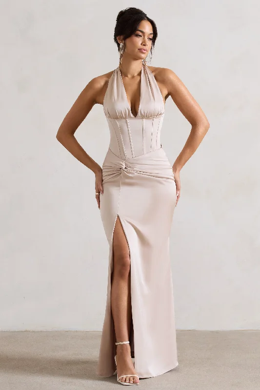 Illusion - neck wedding dresses with delicate lace​ Ruffled - sleeve wedding guest dresses in light blue for a spring wedding Sacha | Champagne Satin Corset Style Maxi Dress With Wrap Skirt