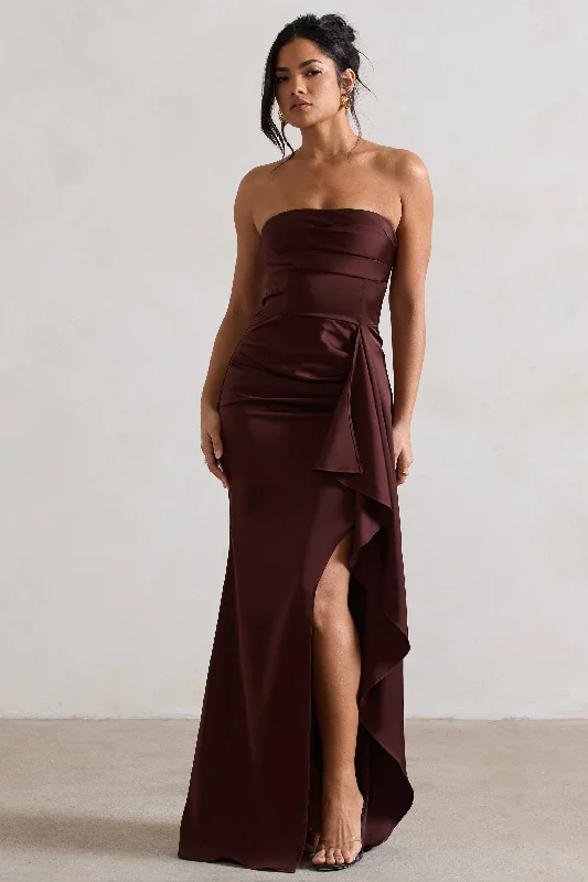 Plus - size wedding dresses with a flattering fit Wedding guest dresses with keyhole backs and flowing fabrics Ace | Chocolate Brown Satin Bandeau Split Maxi Dress With Ruffle Drape Plus - size wedding dresses with a flattering fit Wedding guest dresses with keyhole backs and flowing fabrics Ace | Chocolate Brown Satin Bandeau Split Maxi Dress With Ruffle Drape