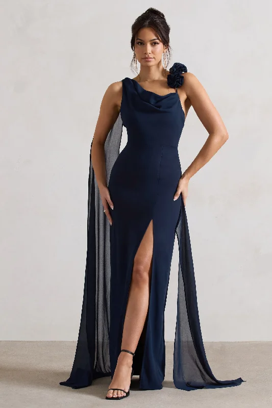 Vintage - themed wedding dresses with pearl accents Tea - length wedding guest dresses with polka dot patterns Angeline | Navy Chiffon Draped Split Maxi Dress With Corsages Vintage - themed wedding dresses with pearl accents Tea - length wedding guest dresses with polka dot patterns Angeline | Navy Chiffon Draped Split Maxi Dress With Corsages