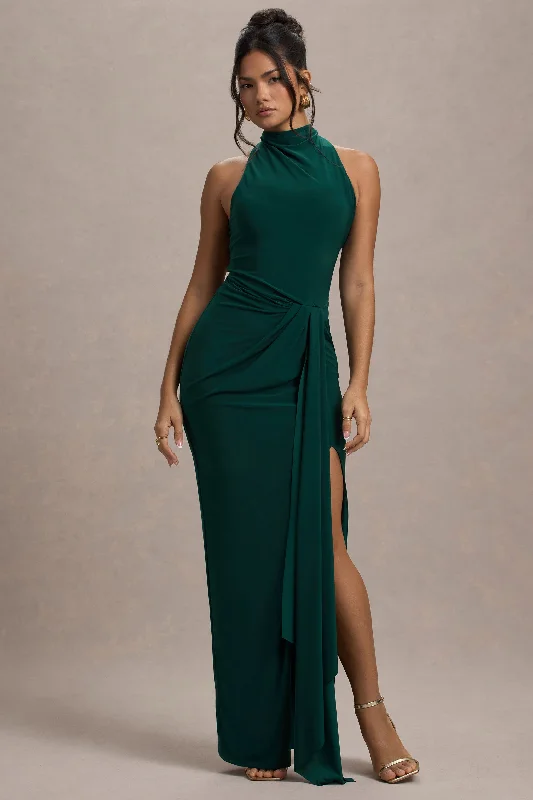 Wedding dresses with a ruched bodice for a textured look Wedding guest dresses with cold - shoulder ruffled sleeves and knee - length hems Khari | Bottle Green High-Neck Twisted Maxi Dress With Drape Wedding dresses with a ruched bodice for a textured look Wedding guest dresses with cold - shoulder ruffled sleeves and knee - length hems Khari | Bottle Green High-Neck Twisted Maxi Dress With Drape