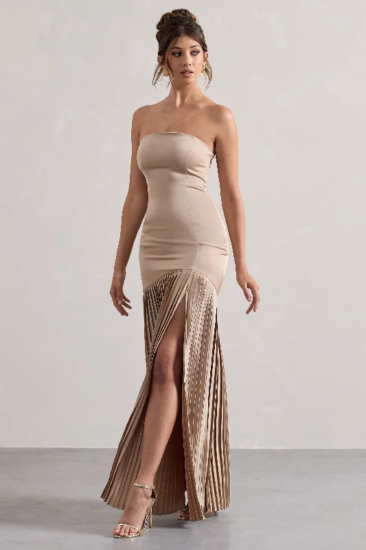 Empire - line wedding dresses with a ruffled skirt Wedding guest dresses with pom - pom trims for a playful look Confidence | Champagne Satin Bandeau Pleated Split Maxi Dress Empire - line wedding dresses with a ruffled skirt Wedding guest dresses with pom - pom trims for a playful look Confidence | Champagne Satin Bandeau Pleated Split Maxi Dress