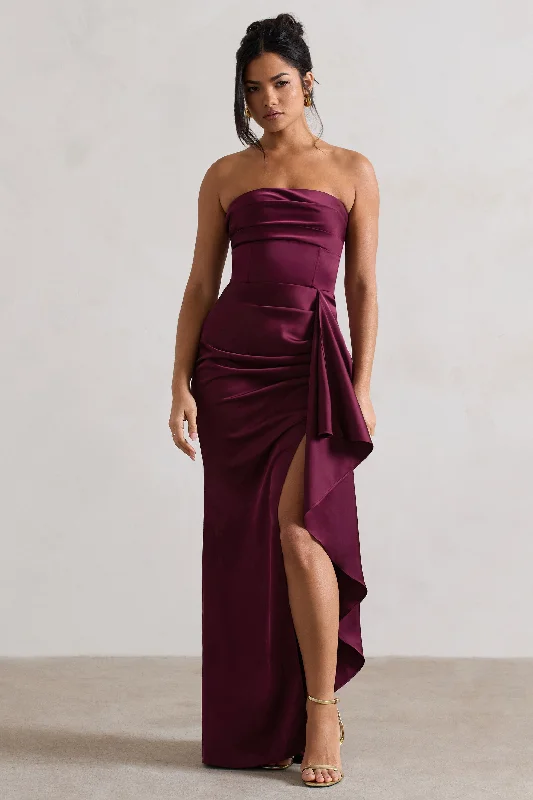 A - line chiffon wedding dresses for a classic look Sheath - style wedding guest dresses with lace overlays Ace | Plum Satin Bandeau Split Maxi Dress With Ruffle Drape A - line chiffon wedding dresses for a classic look Sheath - style wedding guest dresses with lace overlays Ace | Plum Satin Bandeau Split Maxi Dress With Ruffle Drape