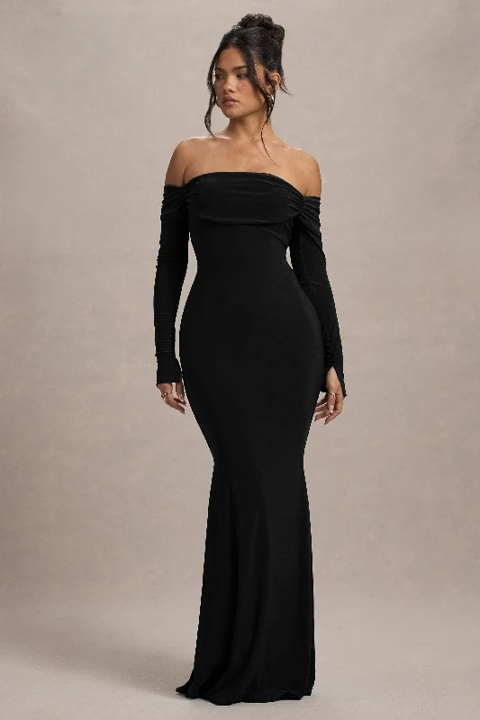 A - line wedding dresses with a beaded neckline Wedding guest dresses with belted waists and knee - length skirts Amaia | Black Bardot Long-Sleeve Maxi Dress A - line wedding dresses with a beaded neckline Wedding guest dresses with belted waists and knee - length skirts Amaia | Black Bardot Long-Sleeve Maxi Dress