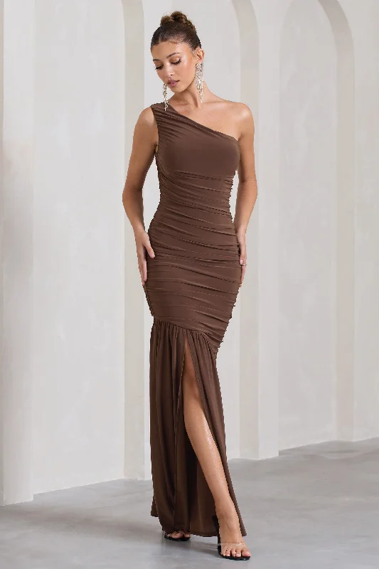 Ruffled wedding dresses with a cascading effect Velvet - trimmed wedding guest dresses in burgundy for a formal event The Limelight | Chocolate One Shoulder Ruched Maxi Dress Ruffled wedding dresses with a cascading effect Velvet - trimmed wedding guest dresses in burgundy for a formal event The Limelight | Chocolate One Shoulder Ruched Maxi Dress
