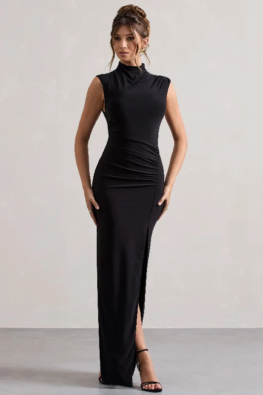 Wedding dresses with a built - in petticoat for added volume Wedding guest dresses with patchwork designs for a unique look Lanetta | Black Ruched High-Neck Maxi Dress With Split Wedding dresses with a built - in petticoat for added volume Wedding guest dresses with patchwork designs for a unique look Lanetta | Black Ruched High-Neck Maxi Dress With Split