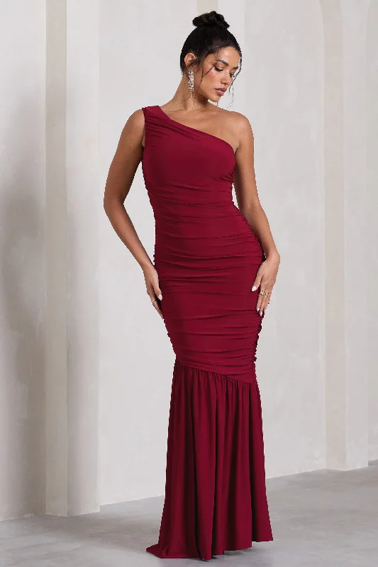 Wedding dresses with a dropped waist for a retro style Animal - print wedding guest dresses in subtle colors for a bold statement The Limelight | Berry One Shoulder Ruched Maxi Dress Wedding dresses with a dropped waist for a retro style Animal - print wedding guest dresses in subtle colors for a bold statement The Limelight | Berry One Shoulder Ruched Maxi Dress