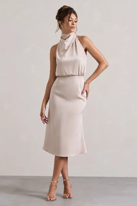Wedding dresses with a lace - trimmed veil attachment Asymmetric - hem wedding guest dresses in metallic hues Geena | Champagne Satin Twisted High-Neck Midi Dress Wedding dresses with a lace - trimmed veil attachment Asymmetric - hem wedding guest dresses in metallic hues Geena | Champagne Satin Twisted High-Neck Midi Dress