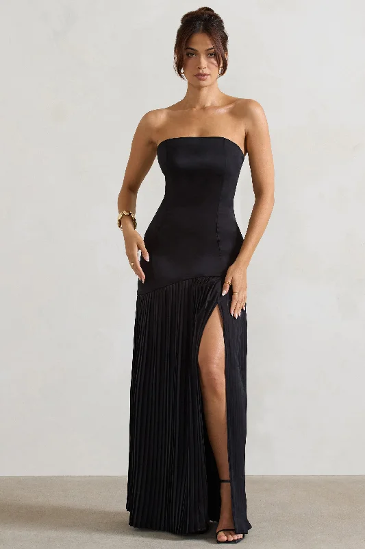 Tea - length wedding dresses with a vintage charm Wedding guest dresses with high - low hems and floral appliques Confidence | Black Satin Bandeau Pleated Split Maxi Dress Tea - length wedding dresses with a vintage charm Wedding guest dresses with high - low hems and floral appliques Confidence | Black Satin Bandeau Pleated Split Maxi Dress