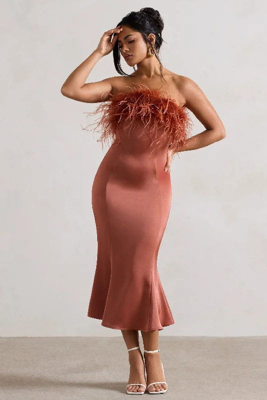 Wedding dresses with a bateau neckline for a classic shape Wedding guest dresses with tassel - adorned belts and A - line skirts One And Only | Rust Satin Feather Trim Bandeau Midi Dress Wedding dresses with a bateau neckline for a classic shape Wedding guest dresses with tassel - adorned belts and A - line skirts One And Only | Rust Satin Feather Trim Bandeau Midi Dress