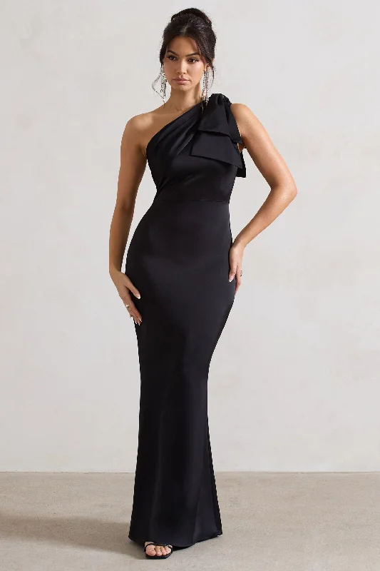 Chiffon and tulle combination wedding dresses Geometric - printed wedding guest dresses for a modern wedding Lady | Black Satin One Shoulder Maxi Dress With Bow Chiffon and tulle combination wedding dresses Geometric - printed wedding guest dresses for a modern wedding Lady | Black Satin One Shoulder Maxi Dress With Bow