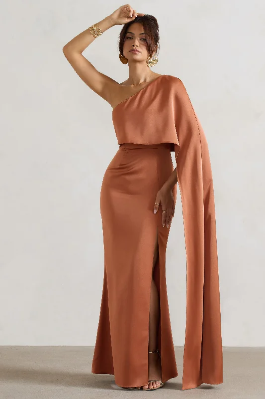 Empire - line wedding dresses with a ruffled skirt Wedding guest dresses with pom - pom trims for a playful look Amora | Rust Satin Asymmetric Cape-Sleeve Split Maxi Dress Empire - line wedding dresses with a ruffled skirt Wedding guest dresses with pom - pom trims for a playful look Amora | Rust Satin Asymmetric Cape-Sleeve Split Maxi Dress