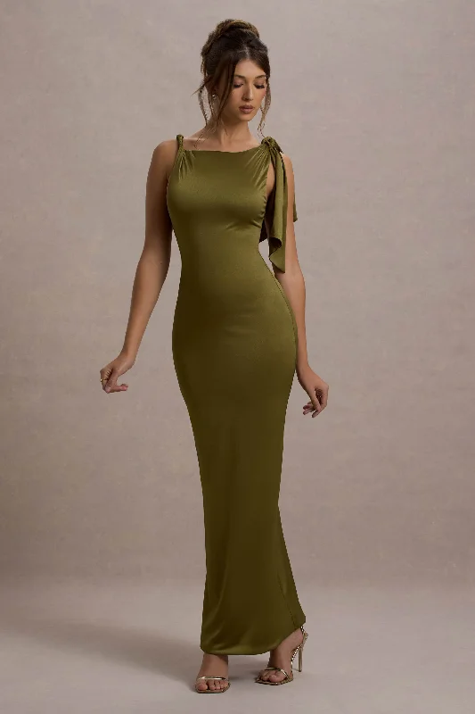 Wedding dresses with a sweetheart - neck and a corseted back Wedding guest dresses with gathered skirts and V - necklines Kacey | Olive Twisted Knot Maxi Dress Wedding dresses with a sweetheart - neck and a corseted back Wedding guest dresses with gathered skirts and V - necklines Kacey | Olive Twisted Knot Maxi Dress