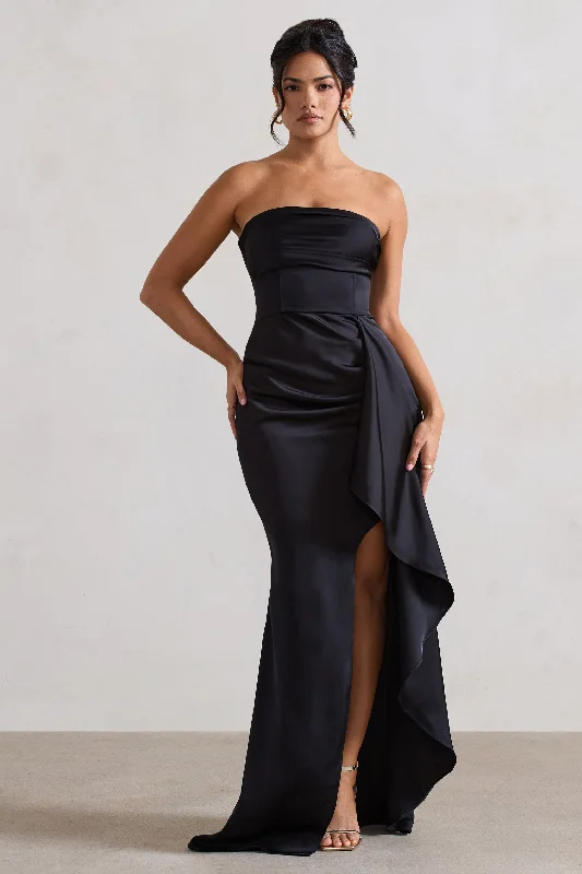 High - low hem wedding dresses for a trendy twist Lace - trimmed wedding guest dresses in blush pink Ace | Black Satin Bandeau Split Maxi Dress With Ruffle Drape High - low hem wedding dresses for a trendy twist Lace - trimmed wedding guest dresses in blush pink Ace | Black Satin Bandeau Split Maxi Dress With Ruffle Drape