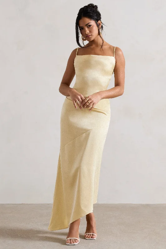 Wedding dresses with a lace - trimmed veil attachment Asymmetric - hem wedding guest dresses in metallic hues Santi | Lemon Satin Cowl-Neck Asymmetric Maxi Dress Wedding dresses with a lace - trimmed veil attachment Asymmetric - hem wedding guest dresses in metallic hues Santi | Lemon Satin Cowl-Neck Asymmetric Maxi Dress