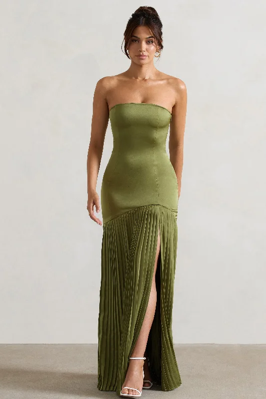 Backless wedding dresses with lace - up details Wedding guest dresses with tiered skirts for a feminine look Confidence | Olive Satin Bandeau Pleated Split Maxi Dress Backless wedding dresses with lace - up details Wedding guest dresses with tiered skirts for a feminine look Confidence | Olive Satin Bandeau Pleated Split Maxi Dress