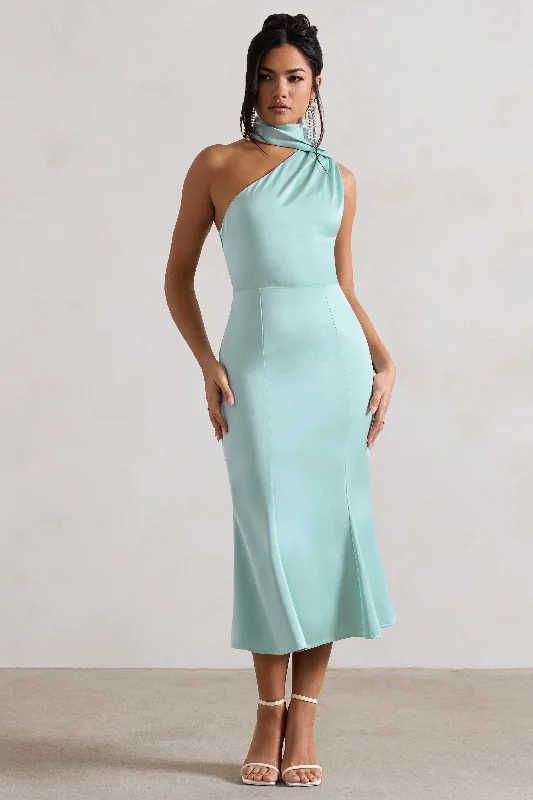 Modern minimalist wedding dresses with clean lines Printed wedding guest dresses with tropical motifs for beach weddings Golden Girl | Mint Satin One Shoulder High-Neck Flared Midi Dress Modern minimalist wedding dresses with clean lines Printed wedding guest dresses with tropical motifs for beach weddings Golden Girl | Mint Satin One Shoulder High-Neck Flared Midi Dress