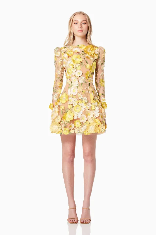 Leather mini dresses for a edgy style Goldenvoice 3D Floral Mini Dress In Yellow