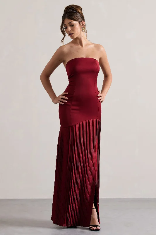 Plus - size wedding dresses with a flattering fit Wedding guest dresses with keyhole backs and flowing fabrics Confidence | Burgundy Satin Bandeau Pleated Split Maxi Dress Plus - size wedding dresses with a flattering fit Wedding guest dresses with keyhole backs and flowing fabrics Confidence | Burgundy Satin Bandeau Pleated Split Maxi Dress