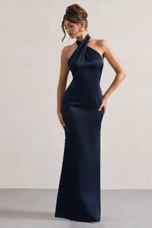Appliqued wedding dresses with 3D floral designs Sheer wedding guest dresses with lace inserts and long sleeves Unbeatable | Navy Satin Cross Over Halterneck Maxi Dress Appliqued wedding dresses with 3D floral designs Sheer wedding guest dresses with lace inserts and long sleeves Unbeatable | Navy Satin Cross Over Halterneck Maxi Dress
