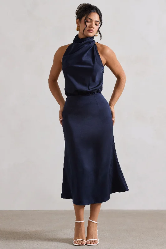 Off - the - shoulder wedding dresses with ruffled sleeves Strapless wedding guest dresses with rhinestone - studded bodices Geena | Navy Satin Twisted High-Neck Midi Dress Off - the - shoulder wedding dresses with ruffled sleeves Strapless wedding guest dresses with rhinestone - studded bodices Geena | Navy Satin Twisted High-Neck Midi Dress