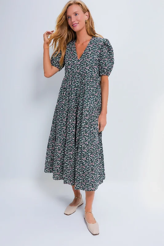 Midi dresses with pom - pom trims for a playful and festive look Green & Pink Floral Tiered Sadie Midi Dress Midi dresses with pom - pom trims for a playful and festive look Green & Pink Floral Tiered Sadie Midi Dress