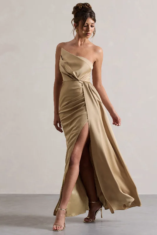 Lace - covered wedding dresses with a scalloped hem Wedding guest dresses with fringe accents for a bohemian - inspired wedding Hollywood | Champagne Satin Strapless Draped Maxi Dress Lace - covered wedding dresses with a scalloped hem Wedding guest dresses with fringe accents for a bohemian - inspired wedding Hollywood | Champagne Satin Strapless Draped Maxi Dress