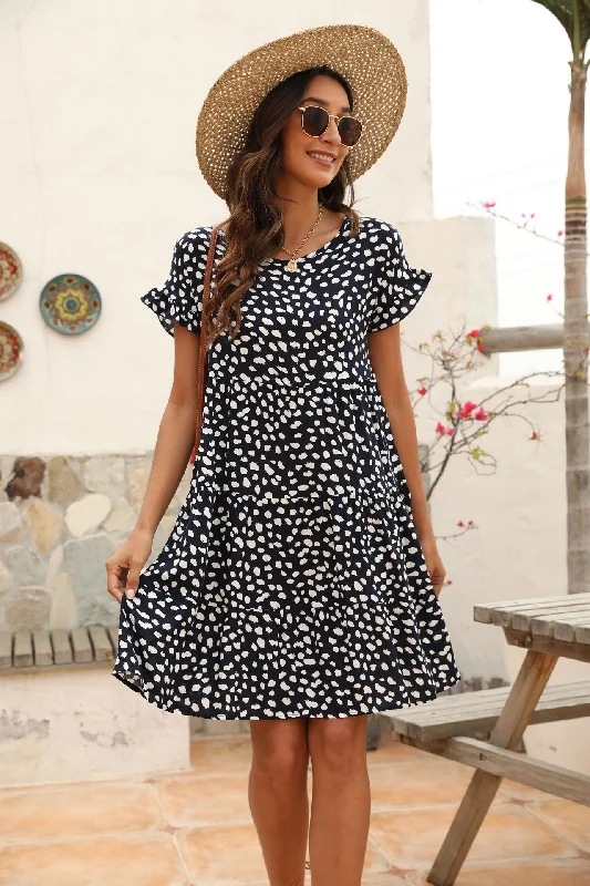 Mini dresses with criss - cross backs for a flirty look Brushstrokes Printed Asymmetrical Ruffle Dress Mini dresses with criss - cross backs for a flirty look Brushstrokes Printed Asymmetrical Ruffle Dress