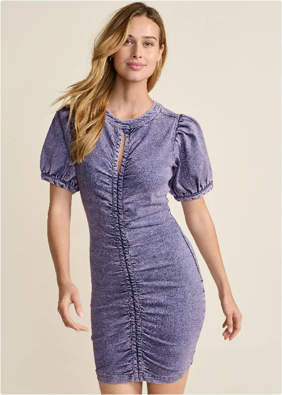 Mini dresses with one - shoulder designs Puff Sleeve Denim Dress  - Lavender