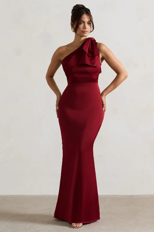Tea - length wedding dresses with a vintage charm Wedding guest dresses with high - low hems and floral appliques Lady | Berry Satin One Shoulder Maxi Dress With Bow Tea - length wedding dresses with a vintage charm Wedding guest dresses with high - low hems and floral appliques Lady | Berry Satin One Shoulder Maxi Dress With Bow