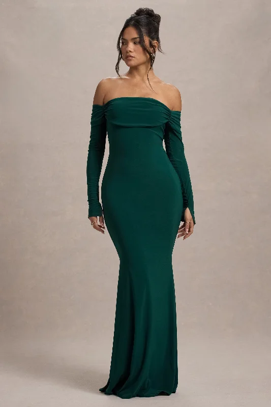 Long - train wedding dresses with a sweep train option Wedding guest dresses with abstract prints and long trains Amaia | Bottle Green Bardot Long-Sleeve Maxi Dress Long - train wedding dresses with a sweep train option Wedding guest dresses with abstract prints and long trains Amaia | Bottle Green Bardot Long-Sleeve Maxi Dress
