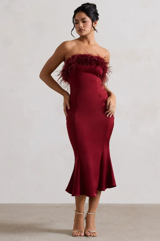 Sequined wedding dresses for a glamorous look Wedding guest dresses with button - down fronts and A - line silhouettes One And Only | Berry Satin Feather Trim Bandeau Midi Dress Sequined wedding dresses for a glamorous look Wedding guest dresses with button - down fronts and A - line silhouettes One And Only | Berry Satin Feather Trim Bandeau Midi Dress