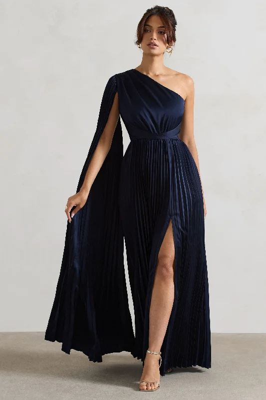 Embroidered wedding dresses with metallic threads Halter - neck wedding guest dresses with beaded straps My Vision | Navy Plisse Asymmetric Split Maxi Dress With Cape Sleeve Embroidered wedding dresses with metallic threads Halter - neck wedding guest dresses with beaded straps My Vision | Navy Plisse Asymmetric Split Maxi Dress With Cape Sleeve