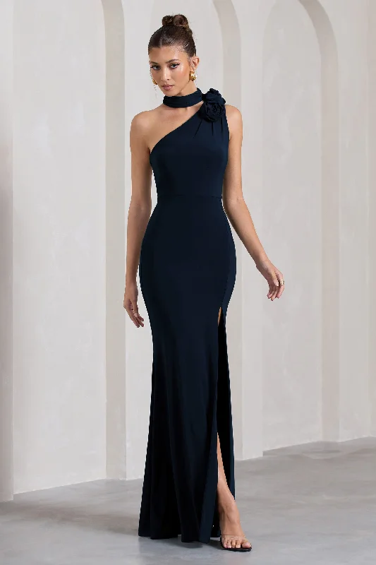 Princess - style wedding dresses with a full skirt Wedding guest dresses with cold - shoulder designs and solid colors In Suspense | Navy One Shoulder Halter-Neck Split Maxi Dress With Flower Princess - style wedding dresses with a full skirt Wedding guest dresses with cold - shoulder designs and solid colors In Suspense | Navy One Shoulder Halter-Neck Split Maxi Dress With Flower