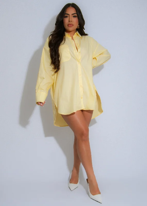 Mini dresses with button - down fronts Effortless Chic Shirt Mini Dress Yellow