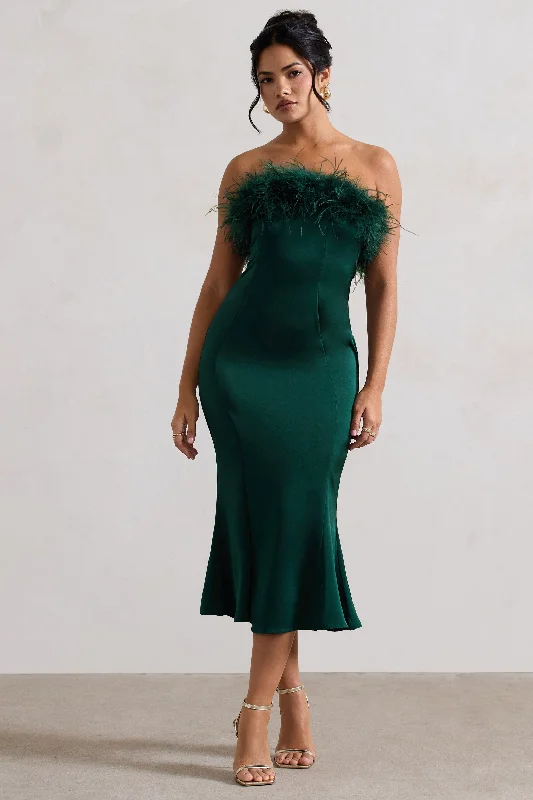 Wedding dresses with a mermaid - style skirt and a ball gown overlay Wedding guest dresses with puff sleeves and knee - length hems One And Only | Bottle Green Satin Feather Trim Bandeau Midi Dress Wedding dresses with a mermaid - style skirt and a ball gown overlay Wedding guest dresses with puff sleeves and knee - length hems One And Only | Bottle Green Satin Feather Trim Bandeau Midi Dress