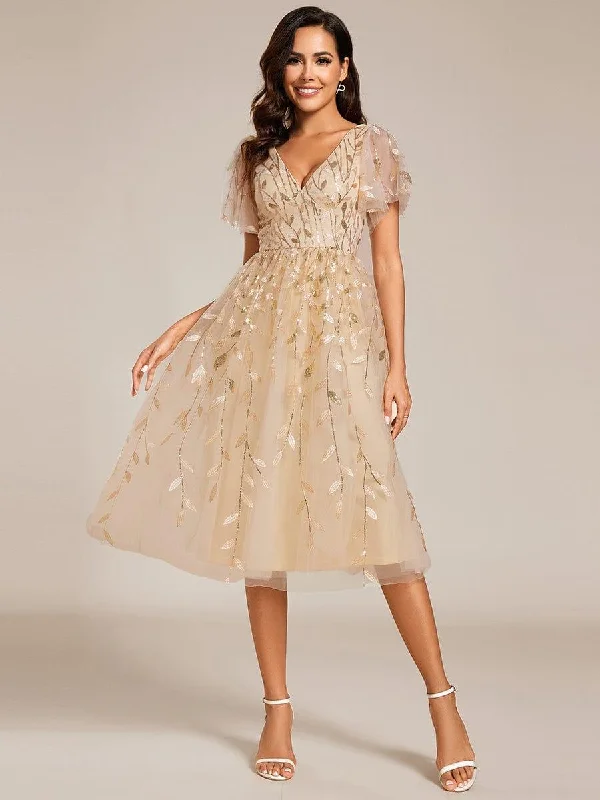 Beach - friendly wedding dresses made of lightweight fabric Embroidered wedding guest dresses in earthy tones for a rustic wedding ever SIMONE|Short Sleeves Leaf Sequin A-Line Midi Formal Wedding Guest Dress Beach - friendly wedding dresses made of lightweight fabric Embroidered wedding guest dresses in earthy tones for a rustic wedding ever SIMONE|Short Sleeves Leaf Sequin A-Line Midi Formal Wedding Guest Dress