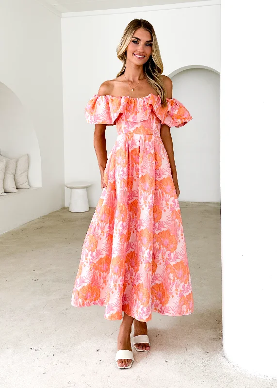 Midi dresses with ruffled bodices for a more pronounced feminine look Harbour Off Shoulder Midi Dress - Peach Jacquard Midi dresses with ruffled bodices for a more pronounced feminine look Harbour Off Shoulder Midi Dress - Peach Jacquard
