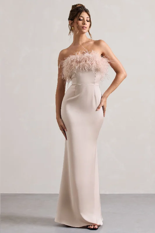 Sheath satin wedding dresses for a sleek appearance Midi wedding guest dresses in navy blue for a formal affair Dress For It | Champagne Satin Feather Trim Bandeau Maxi Dress Sheath satin wedding dresses for a sleek appearance Midi wedding guest dresses in navy blue for a formal affair Dress For It | Champagne Satin Feather Trim Bandeau Maxi Dress