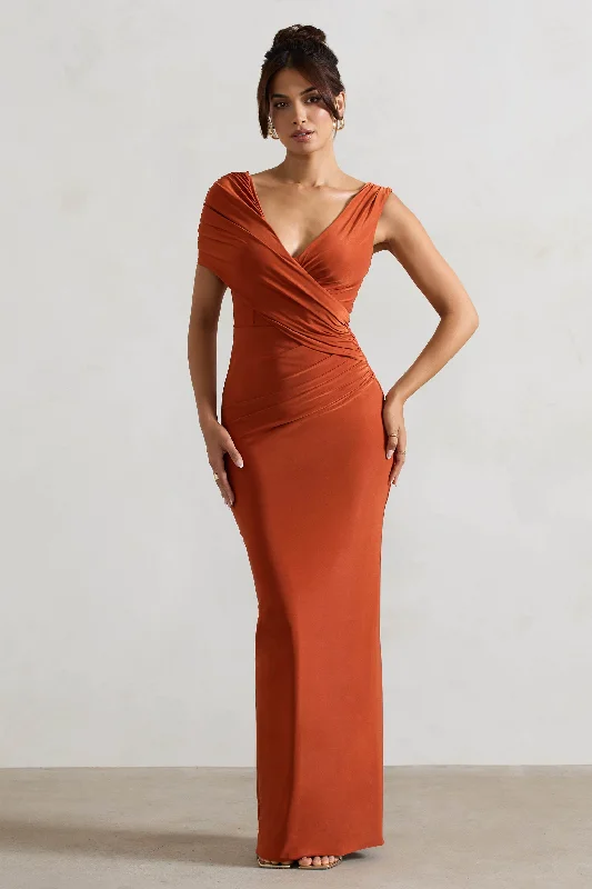 Tea - length wedding dresses with a vintage charm Wedding guest dresses with high - low hems and floral appliques Capella | Rust Asymmetric Wrap Maxi Dress Tea - length wedding dresses with a vintage charm Wedding guest dresses with high - low hems and floral appliques Capella | Rust Asymmetric Wrap Maxi Dress